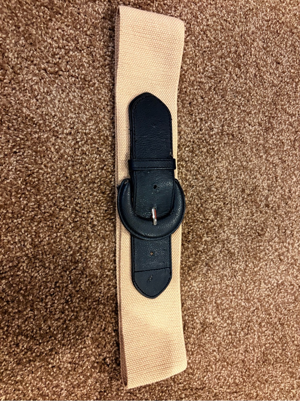 Beige Stretch Belt with Black Faux Leather Accents